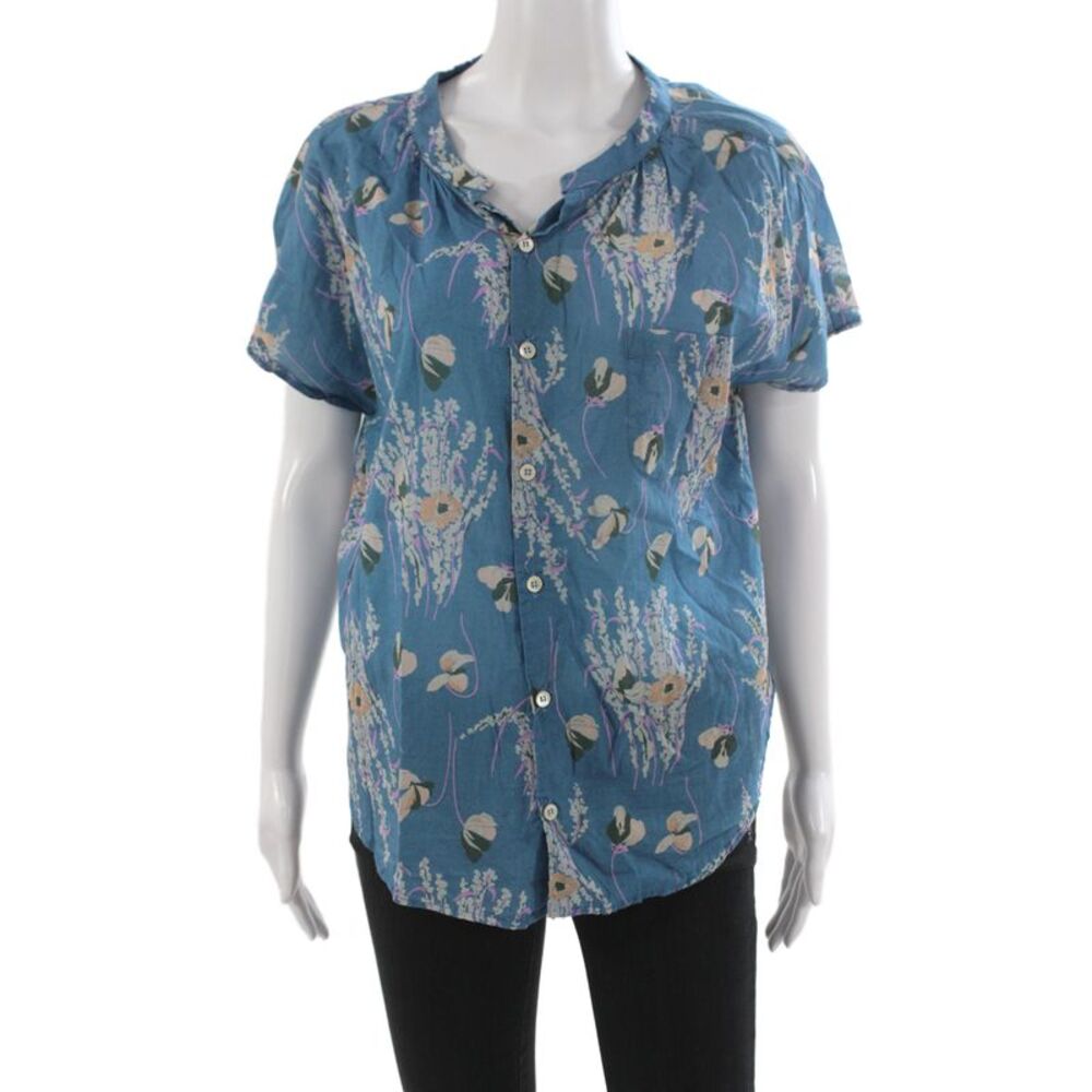 Bsbee Women Basic Blue Floral Button-Up Collared Cotton Short Sleeve Size XS